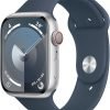 Celebrate with Us Anniversary Limited-Time & Limited-Quantity Deal AED 99.00د.إ：Apple Watch Series 9 [GPS + Cellular 45mm] Smartwatch with Silver Aluminum Case with Storm Blue Sport Band S/M. Fitness Tracker, Blood Oxygen & ECG Apps, Always-On Retina Display, Water Resistant